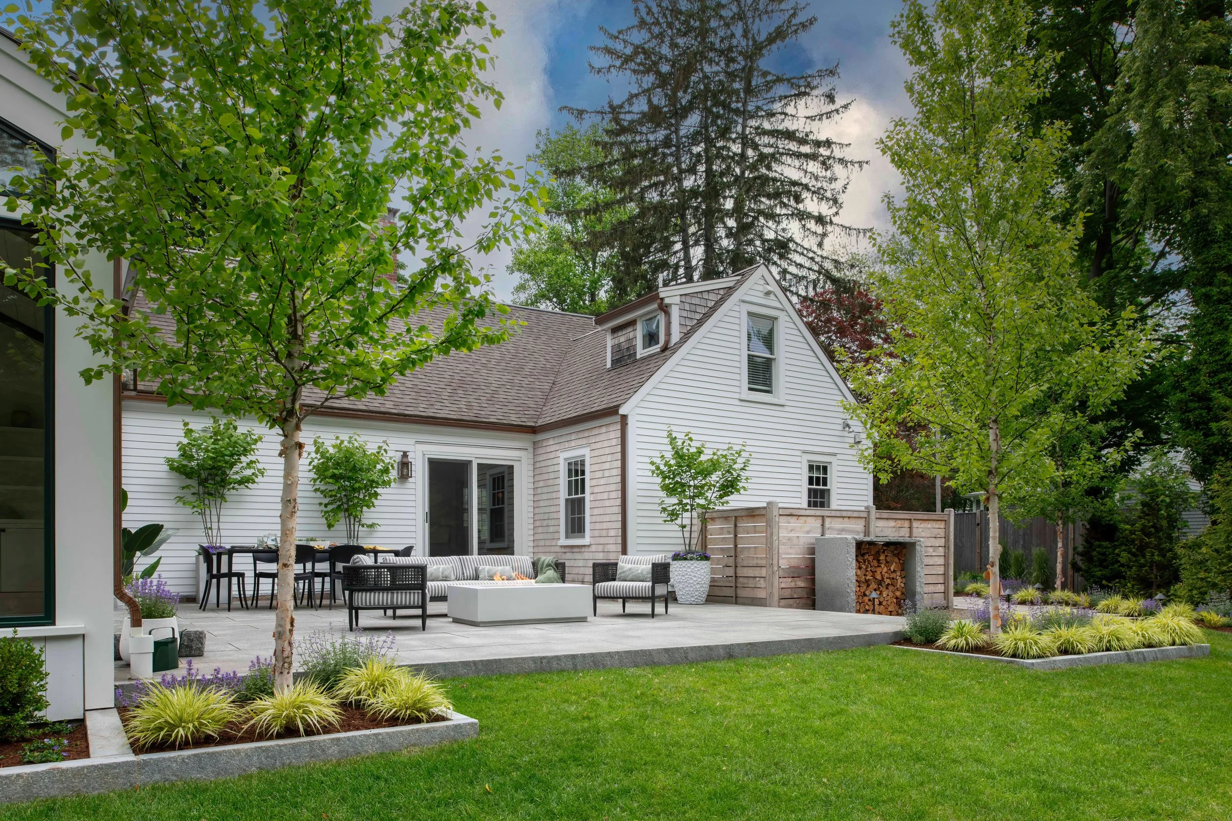 Mature garden composition with maintained planting and balanced landscape elements