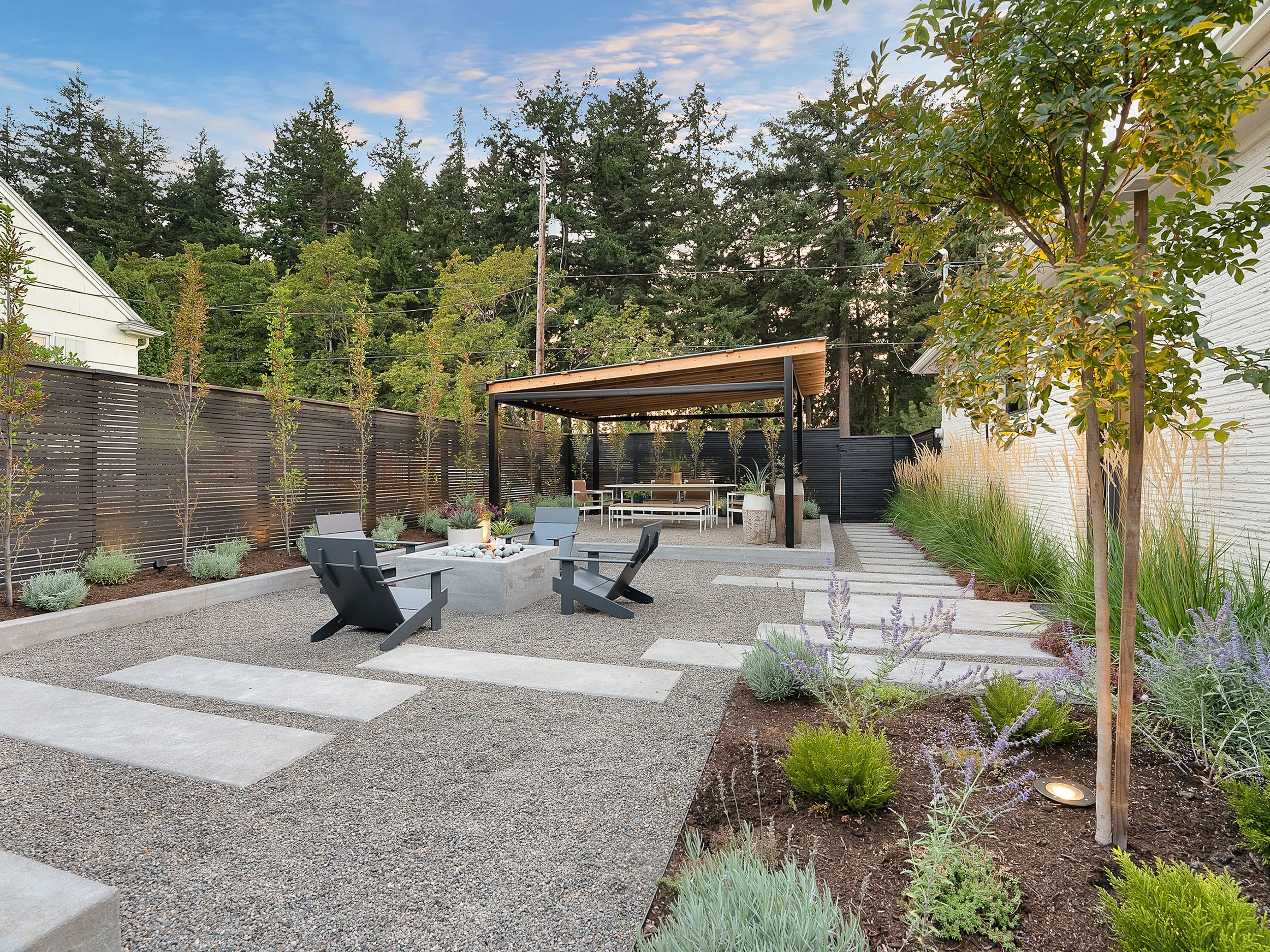 Illustrated landscape design board with planting plans, garden elements and outdoor spaces
