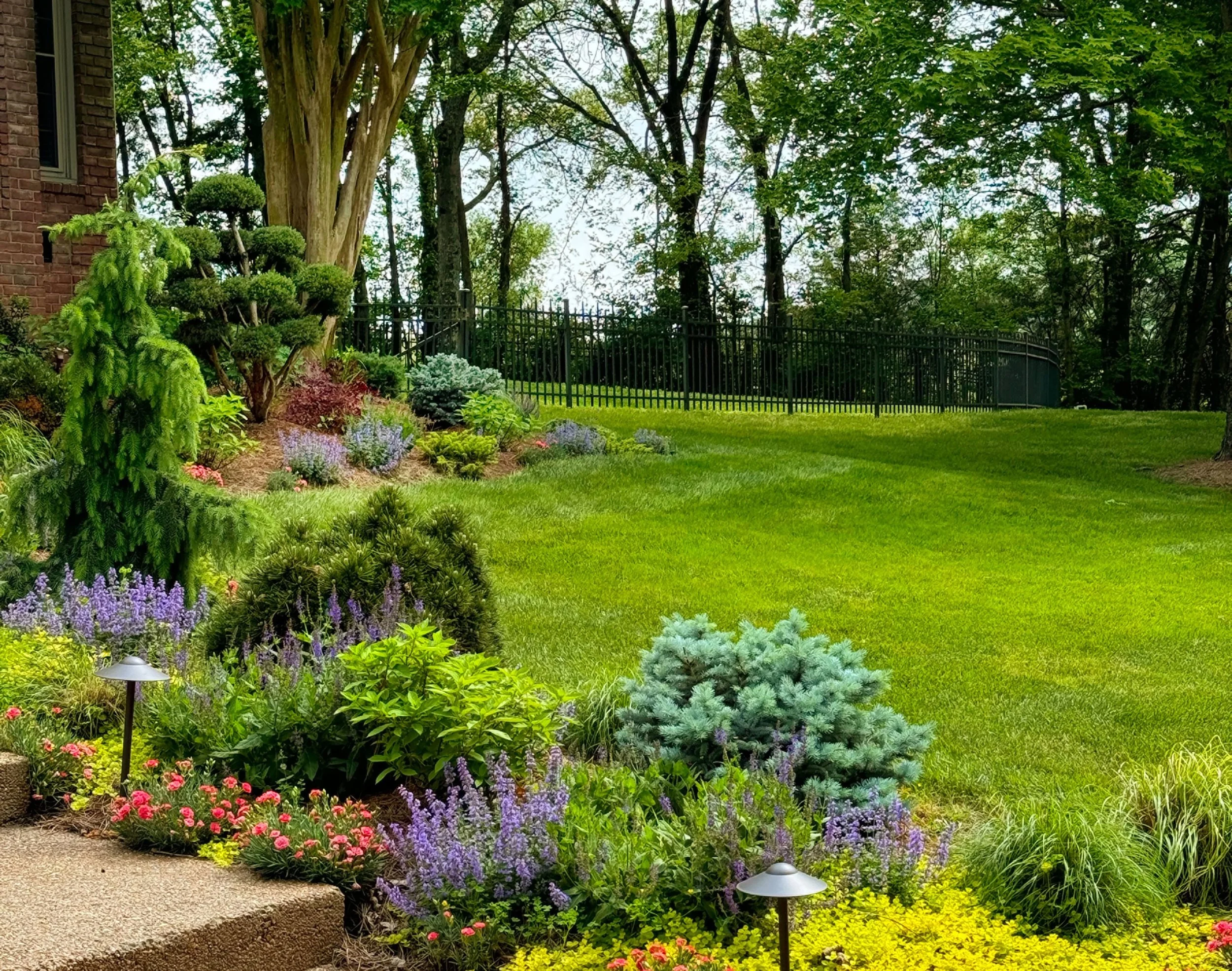 Elegant residential landscape with pathways, planting and carefully arranged garden elements