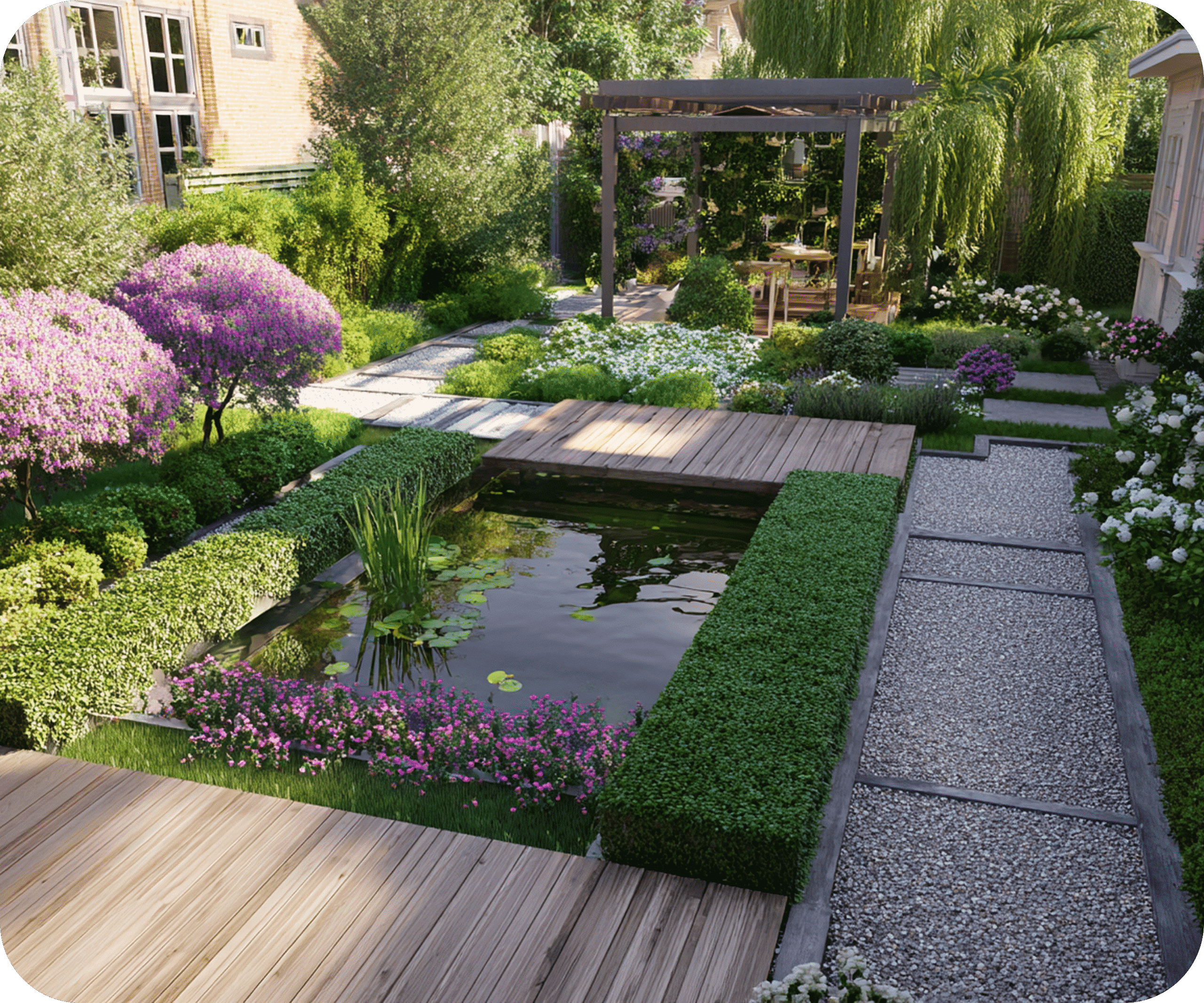 Illustrated landscape plans, planting materials and garden design details